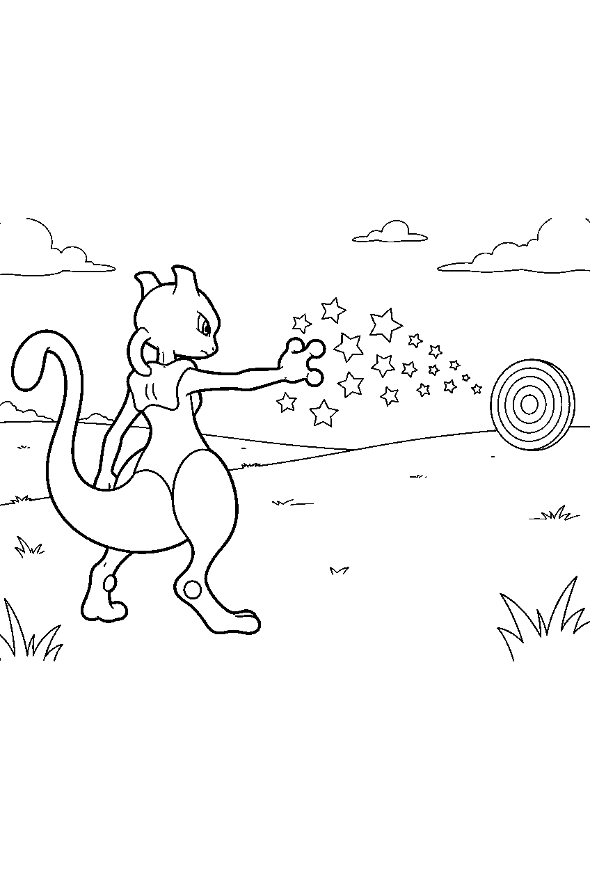 mewtwo across an open grassland sending swift stars toward a target line art