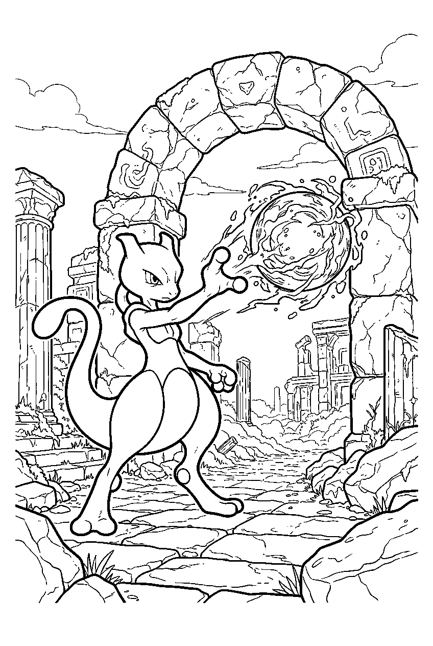 mewtwo among ancient ruins launching shadow ball through a stone archway line art