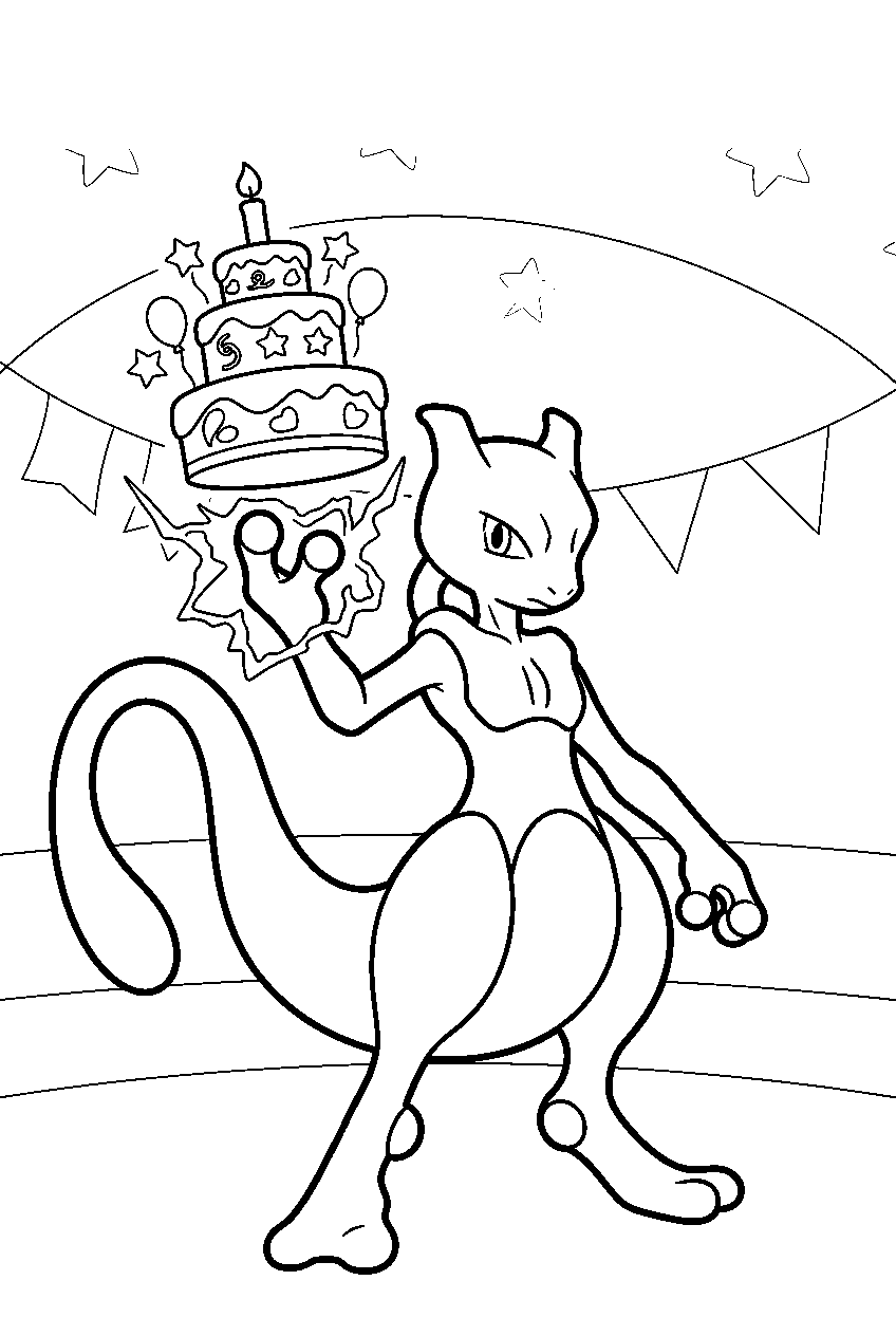 mewtwo at a decorated arena lifting a birthday cake with psychic power line art