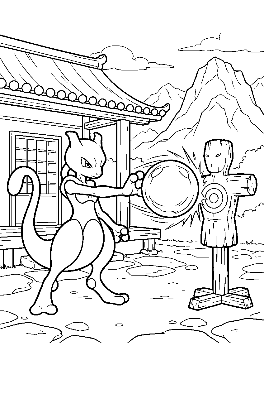 mewtwo at a mountain dojo firing aura sphere at a training dummy line art