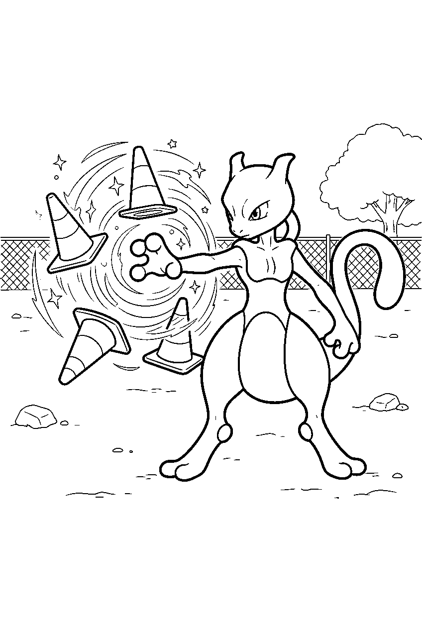 mewtwo at an outdoor training field bending practice cones with confusion line art