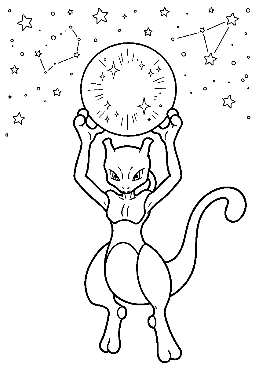 mewtwo beneath a starry sky holding a glowing psychic orb above its hands line art