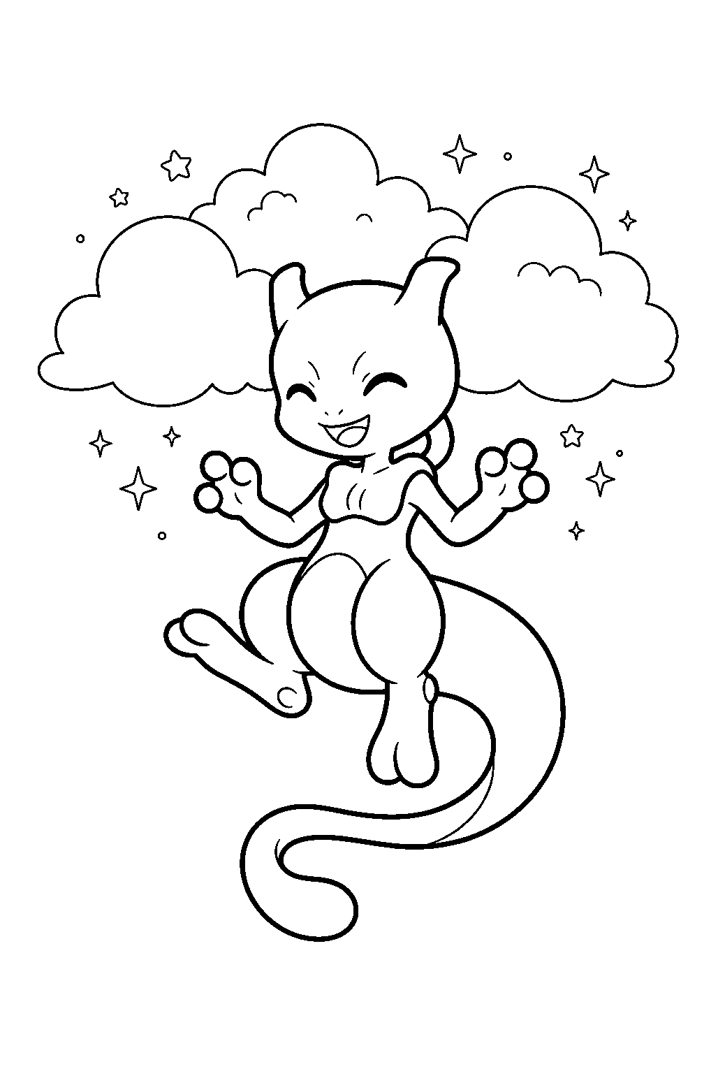 mewtwo beneath fluffy clouds smiling in a kawaii floating pose line art