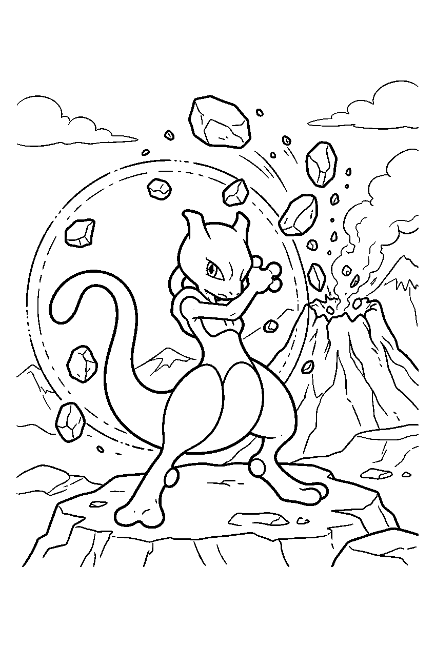 mewtwo beside a volcanic crater shielding itself from flying rocks line art