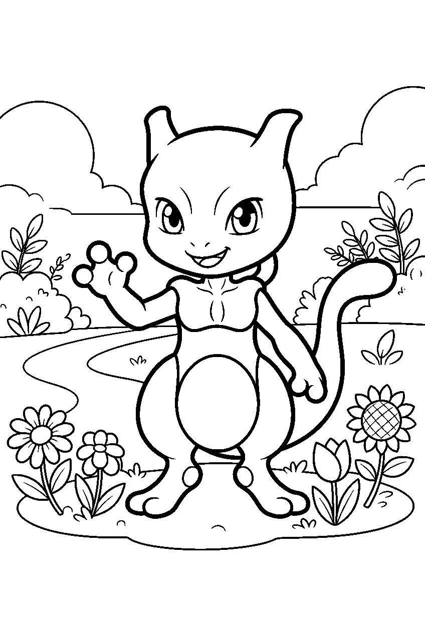 mewtwo in a flower garden waving in a cute chibi pose line art