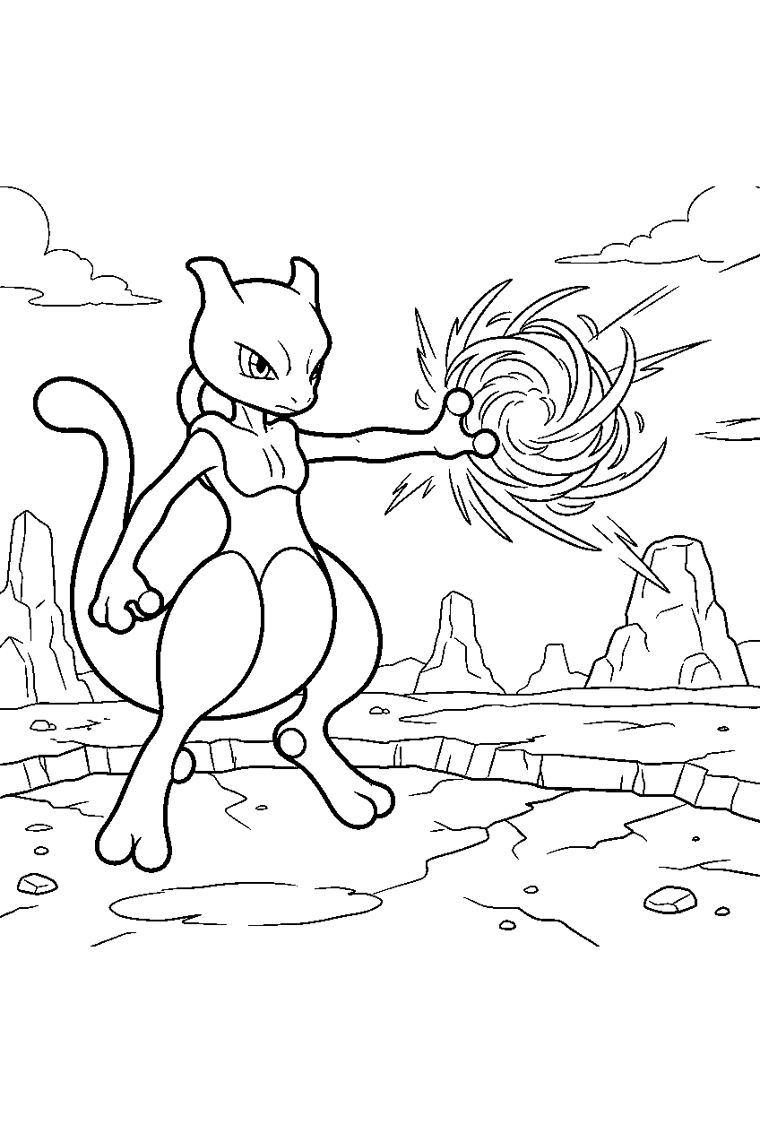 mewtwo in a rocky battle arena unleashing psystrike at a distant target line art