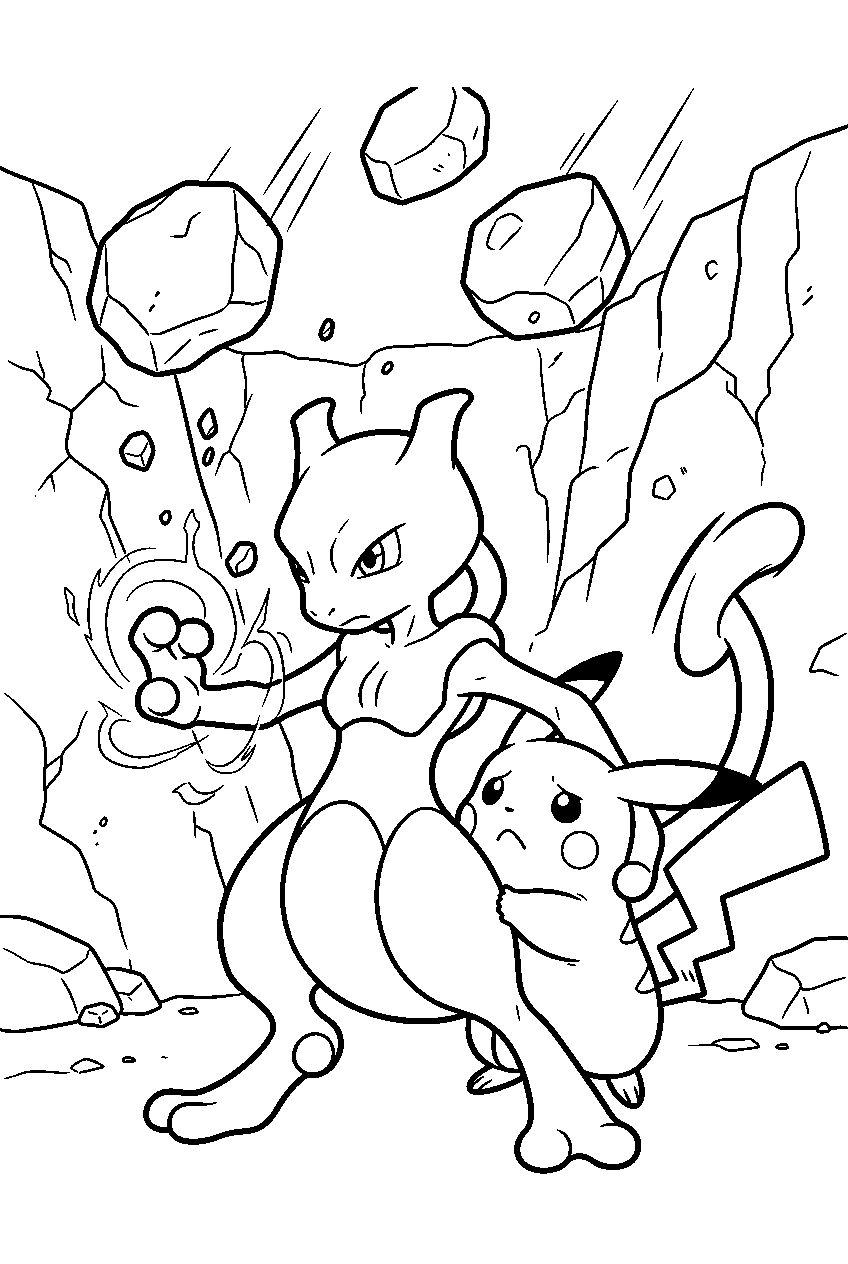 mewtwo in a rocky canyon protecting pikachu from falling stones line art
