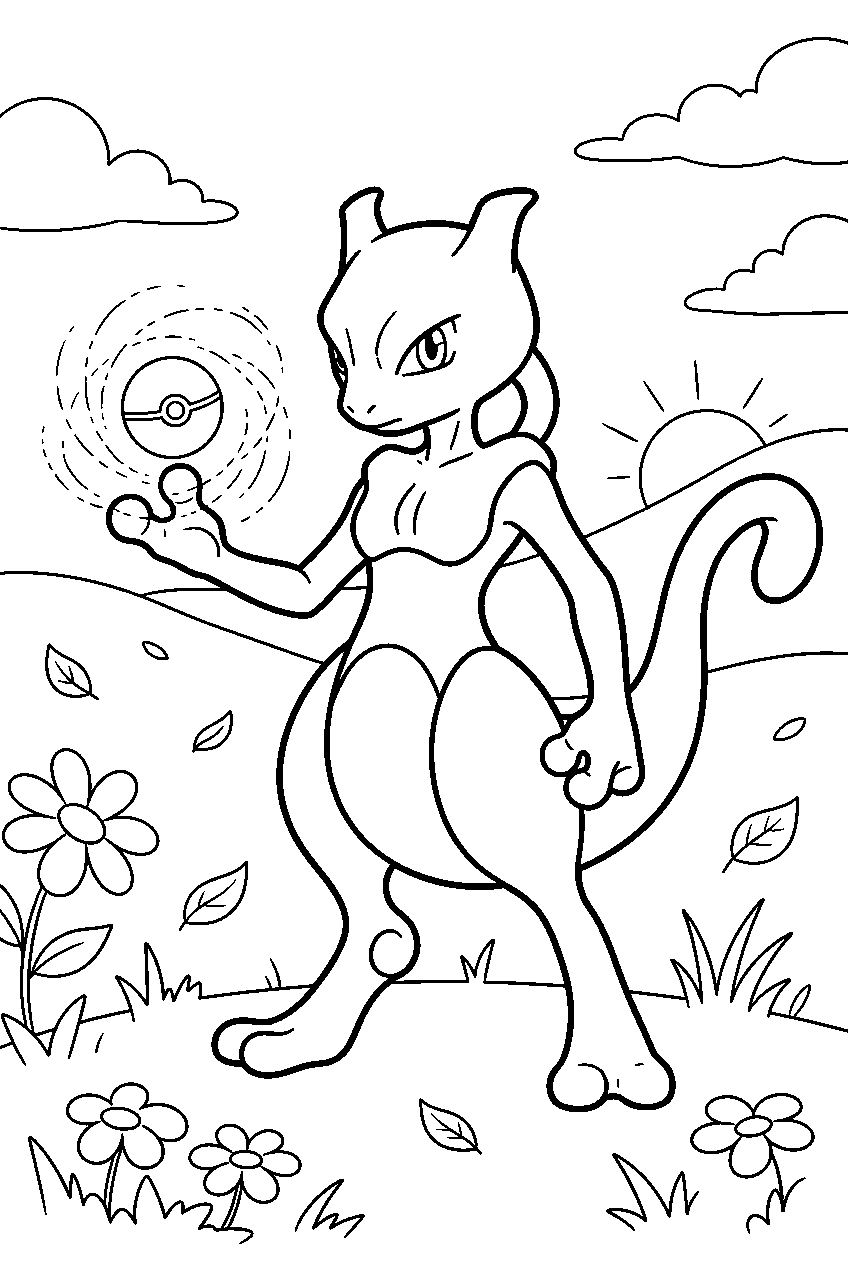mewtwo in a sunny meadow balancing a pokeball with psychic power line art
