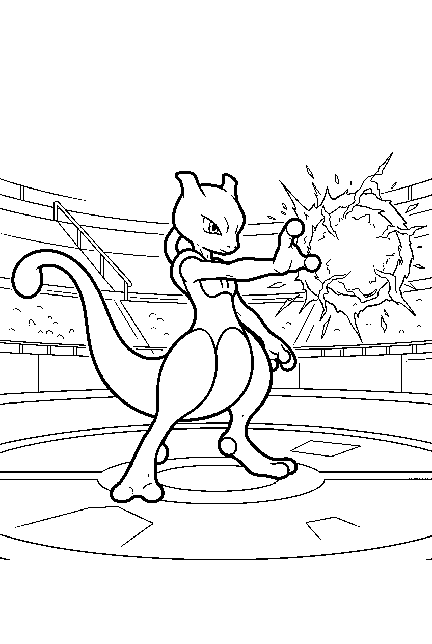 mewtwo in a tournament stadium deflecting an energy blast with one hand line art