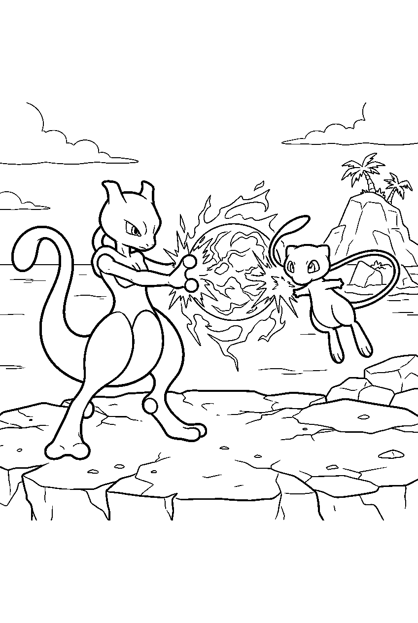 mewtwo in an island arena clashing psychic energy with mew line art