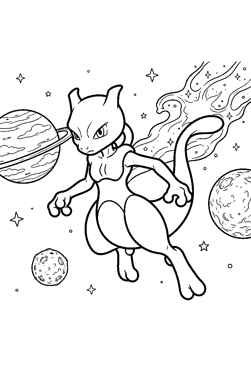 mewtwo in deep space flying past planets and a bright nebula line art