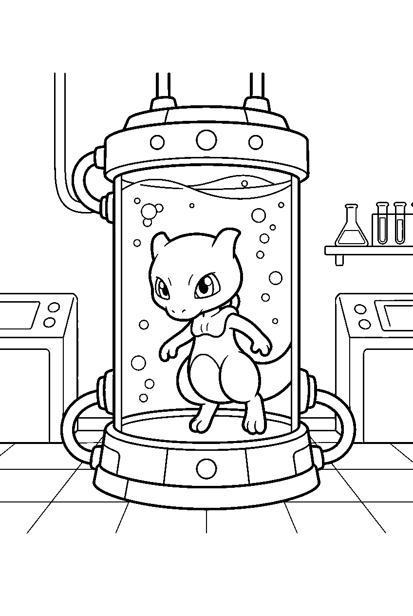 mewtwo inside a cloning laboratory emerging as a small baby from a chamber line art