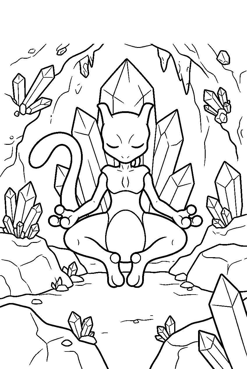 mewtwo inside a crystal cave meditating above the cavern floor line art