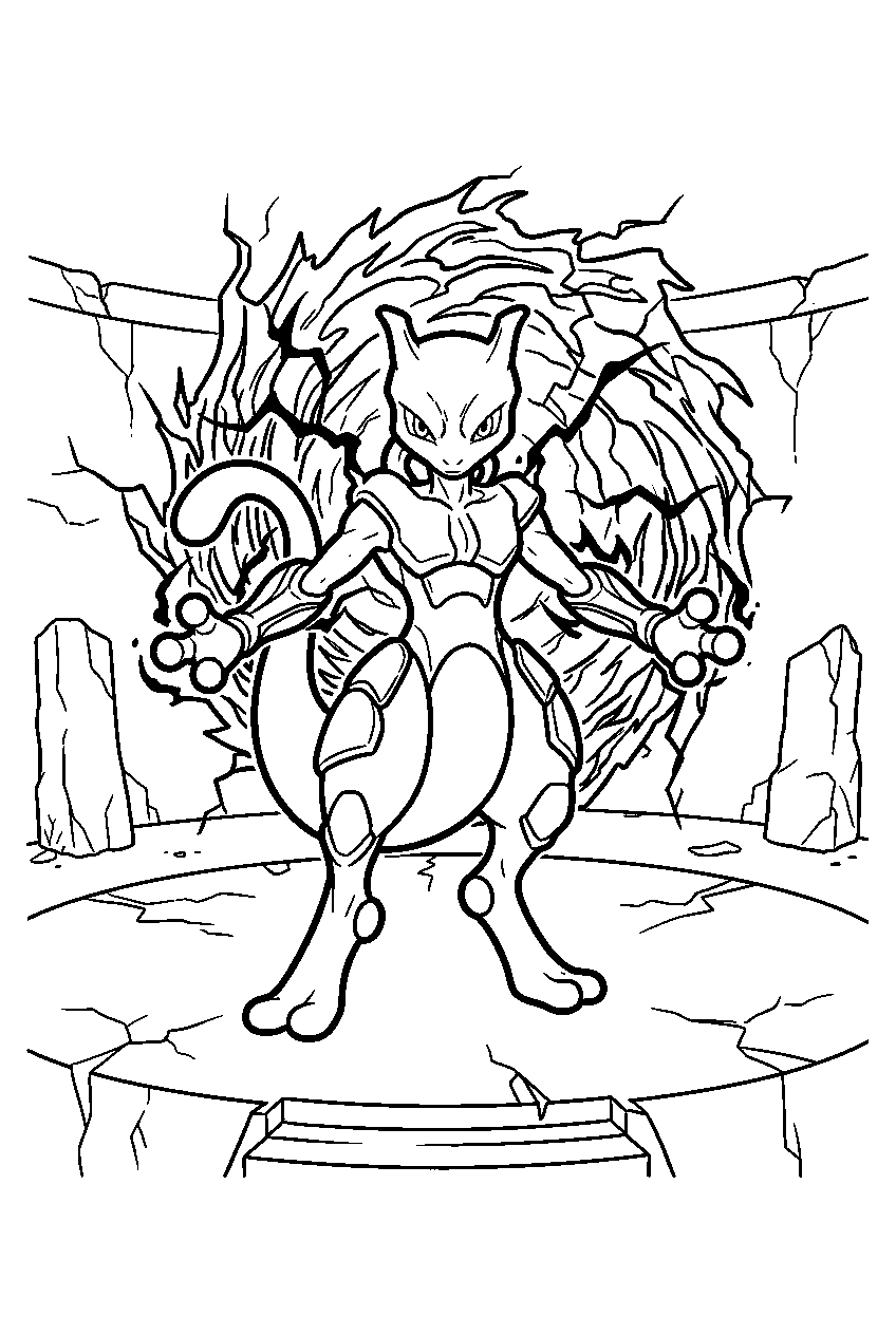 mewtwo inside a dark arena emerging from a portal as shadow mewtwo line art