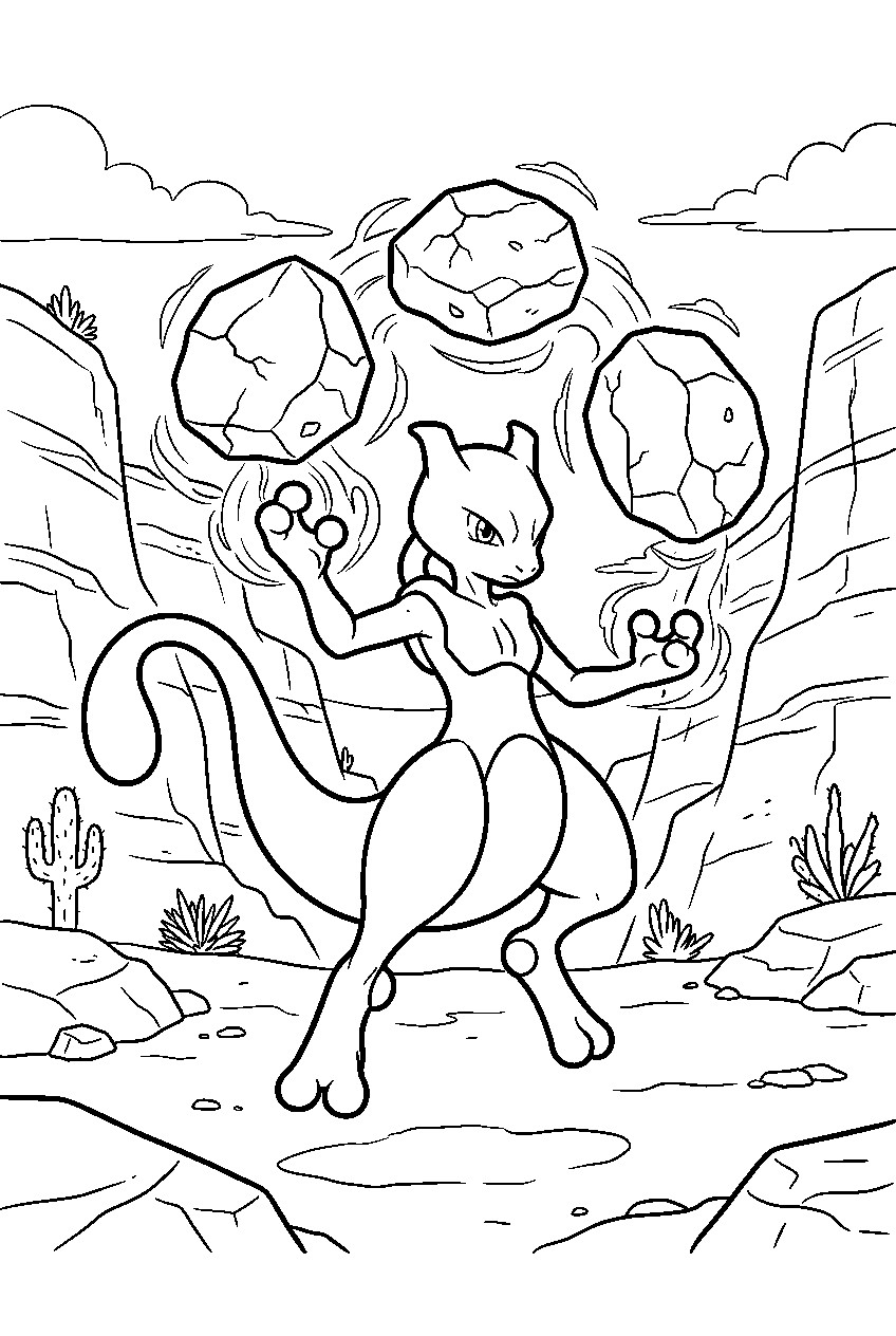 mewtwo inside a desert canyon lifting boulders with psychic line art