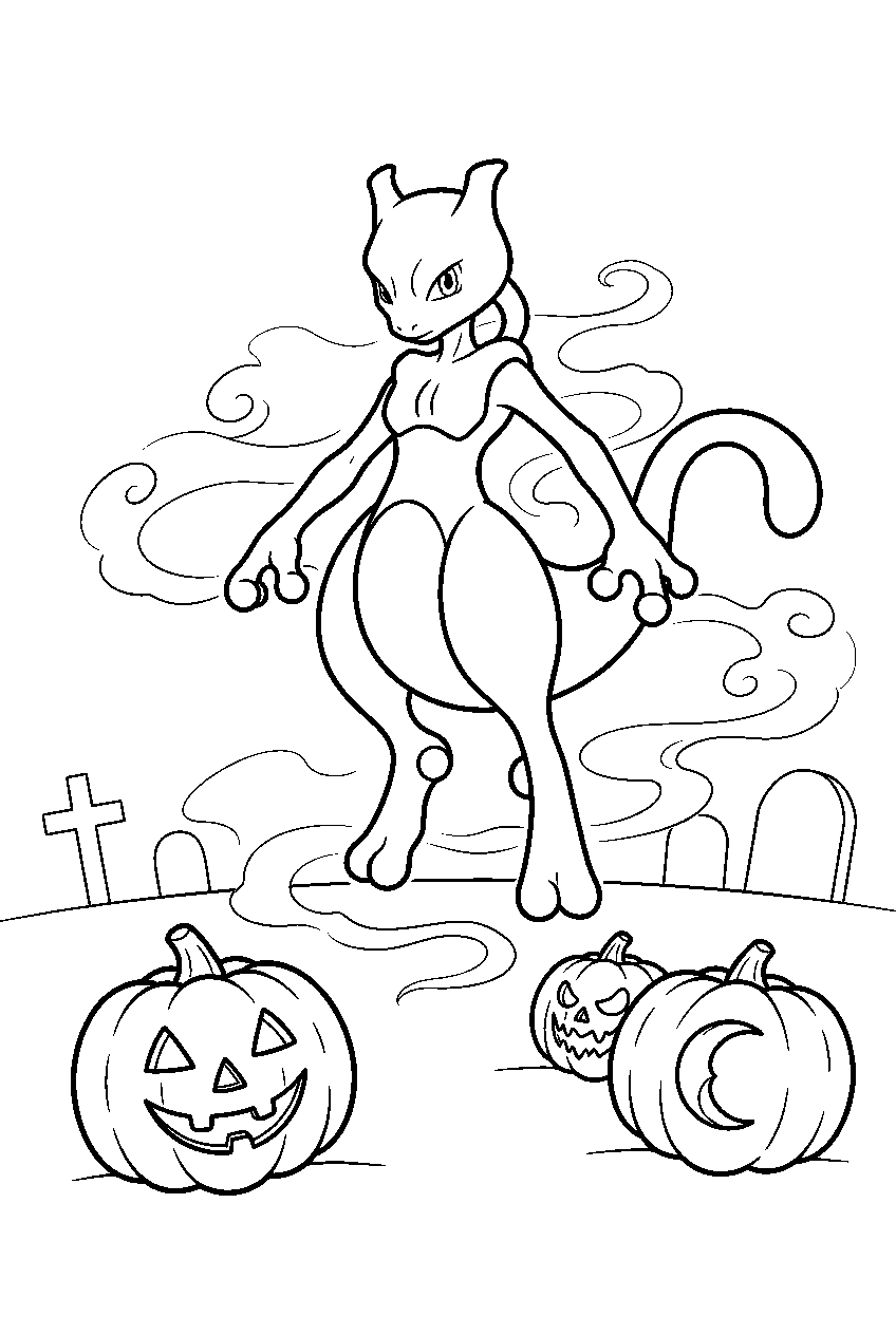 mewtwo inside a foggy graveyard floating above carved halloween pumpkins line art