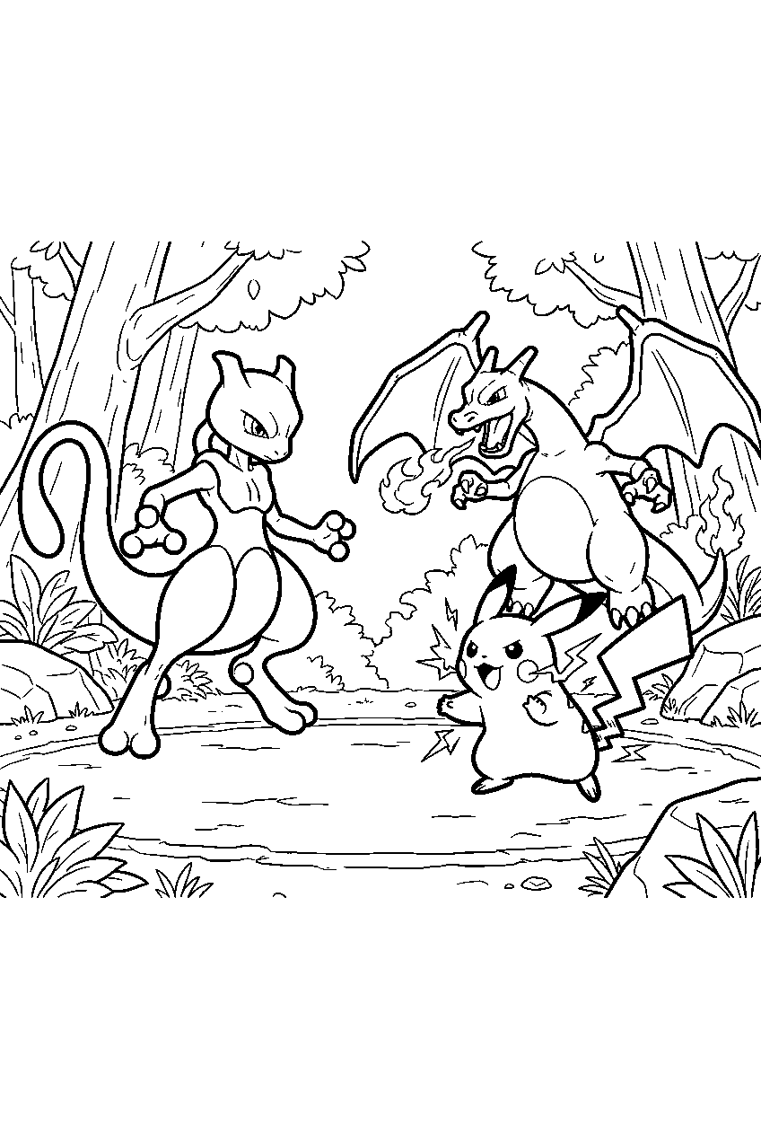 mewtwo inside a forest arena facing pikachu and charizard in battle line art