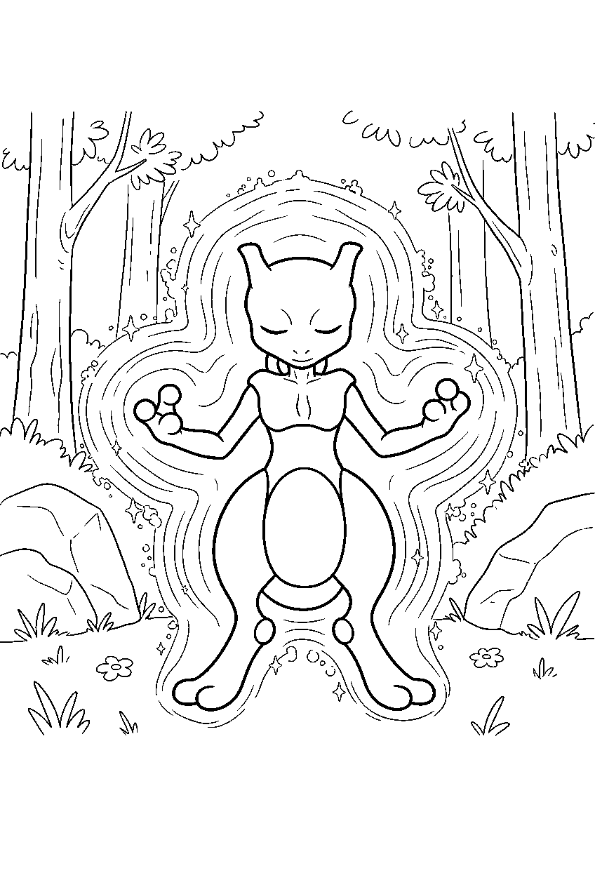 mewtwo inside a forest clearing glowing while using recover line art