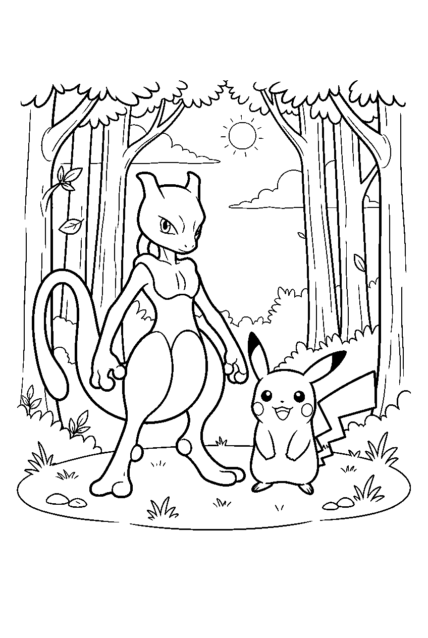 mewtwo inside a forest clearing standing beside pikachu beneath tall trees line art