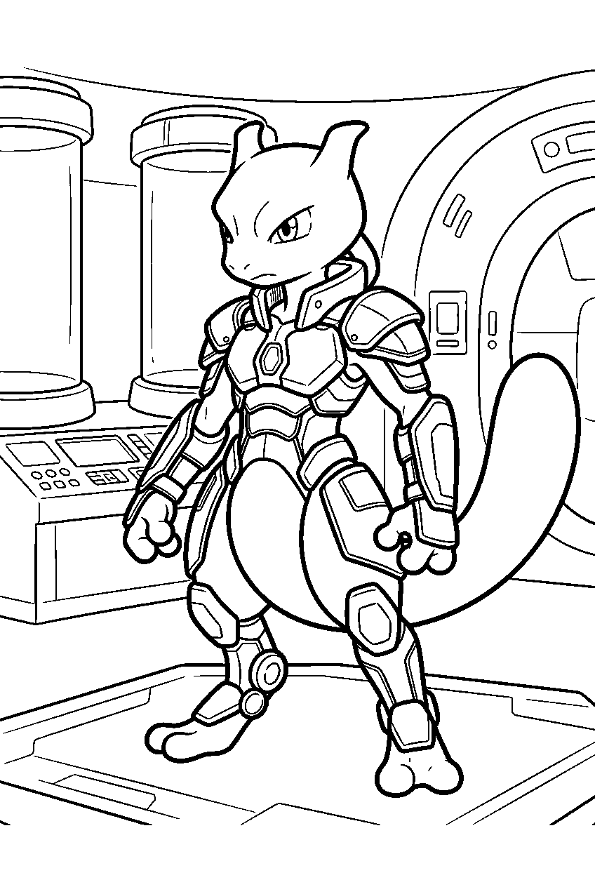 mewtwo inside a futuristic city laboratory wearing armored battle gear line art