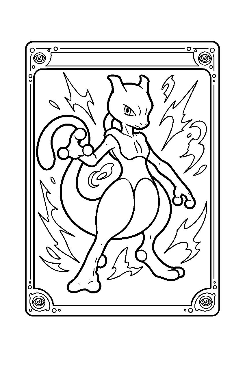 mewtwo inside a pokemon trading card frame posing among psychic sparks line art