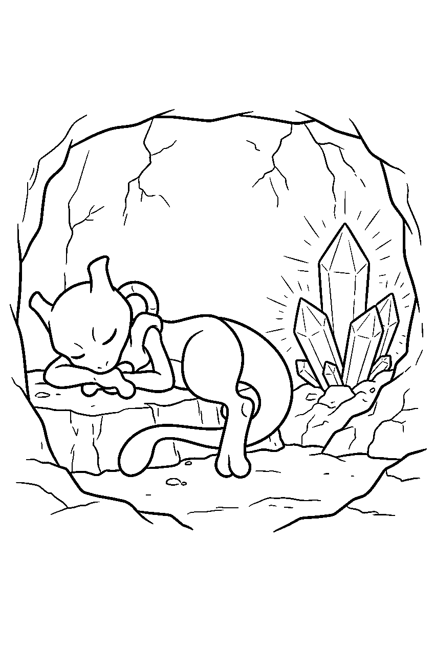 mewtwo inside a quiet underground chamber sleeping beside glowing crystals line art