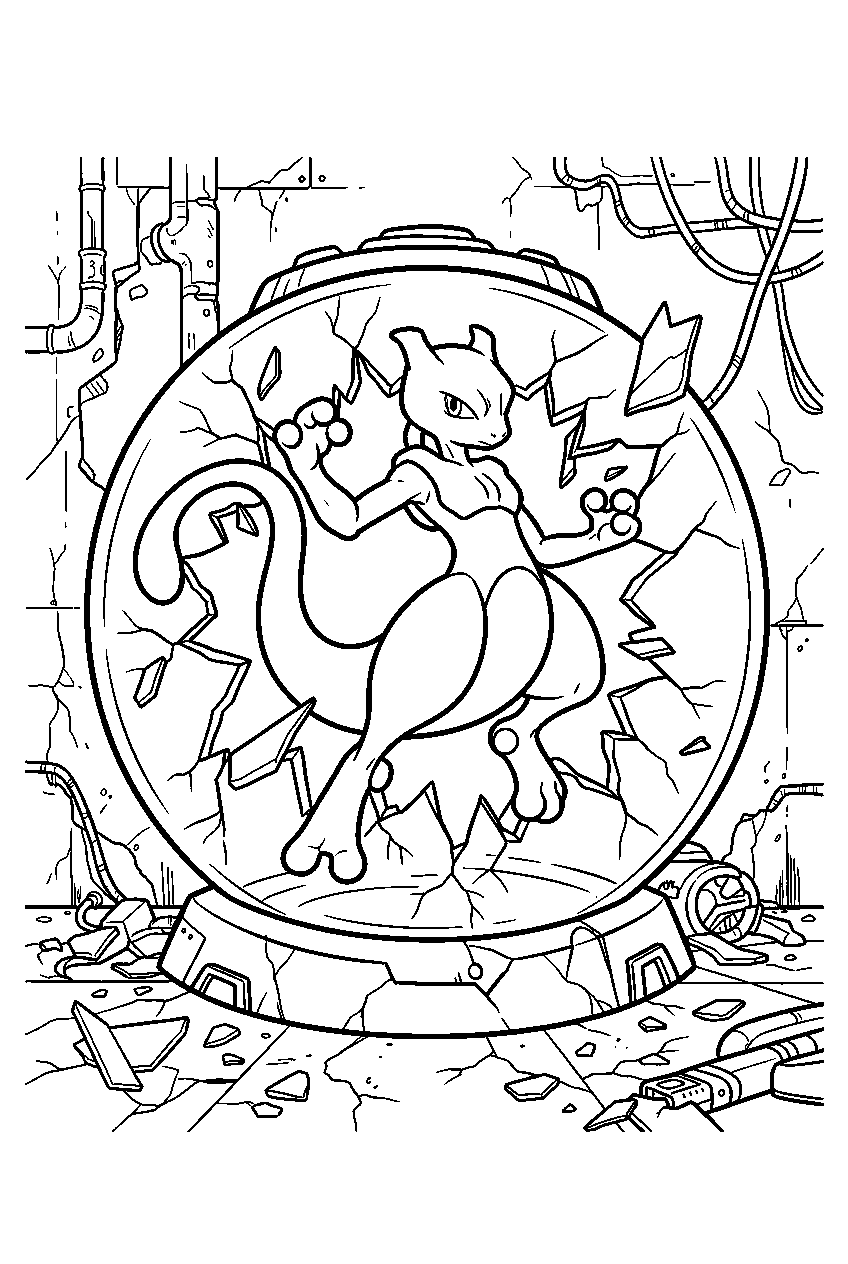 mewtwo inside a ruined laboratory breaking from a glass chamber line art