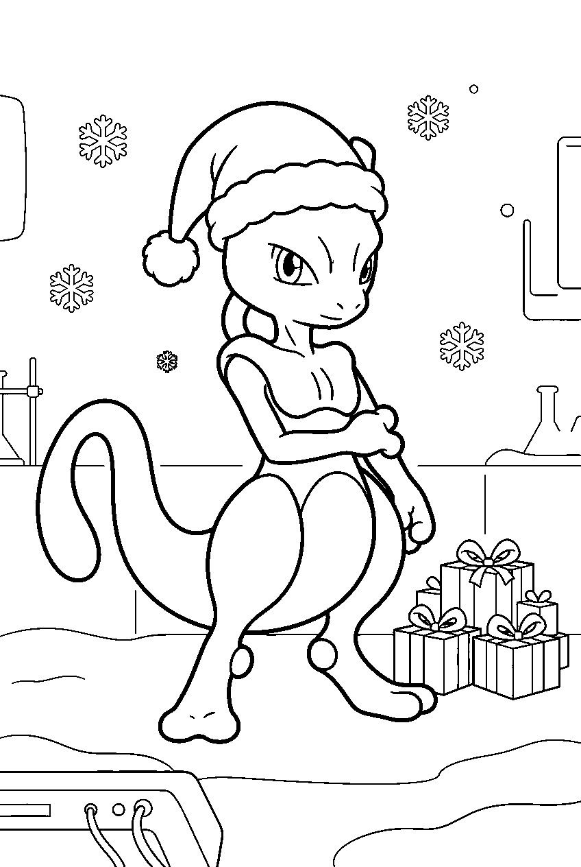 mewtwo inside a snowy laboratory wearing a santa hat beside wrapped gifts line art