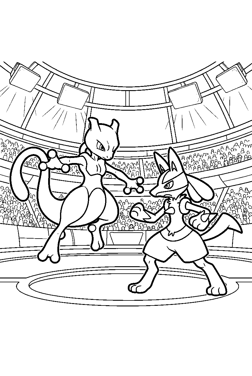 mewtwo inside a stadium battling lucario beneath bright arena lights line art