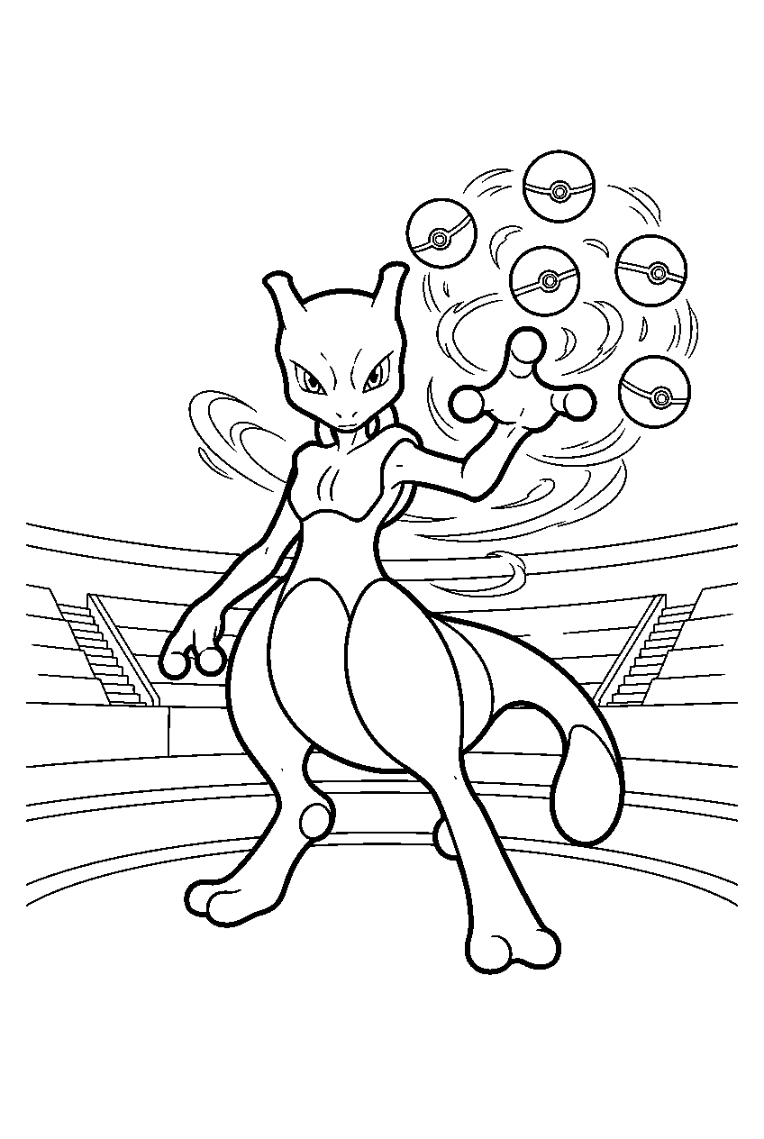 mewtwo inside a stadium levitating pokeballs with telekinesis line art