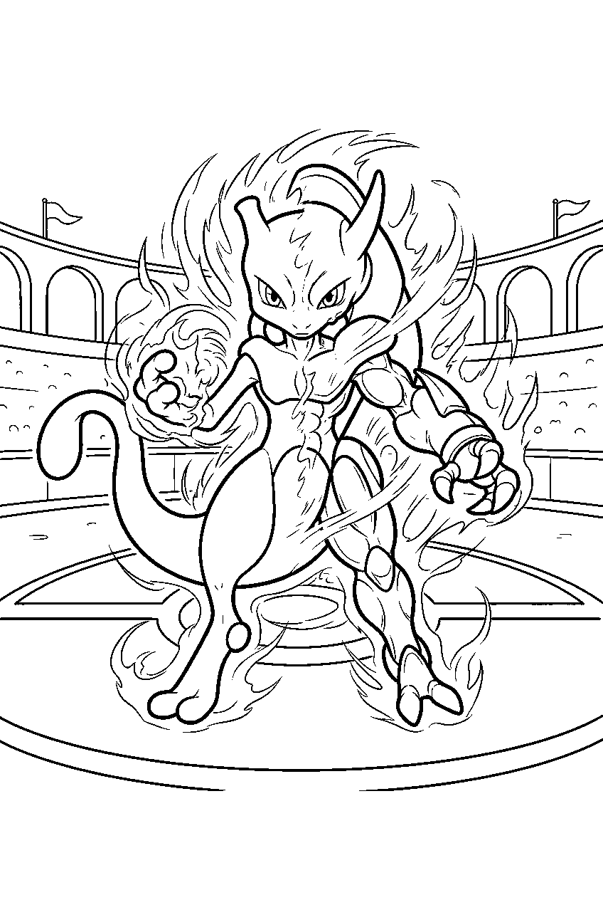 mewtwo inside a tournament arena transforming into mega mewtwo x line art
