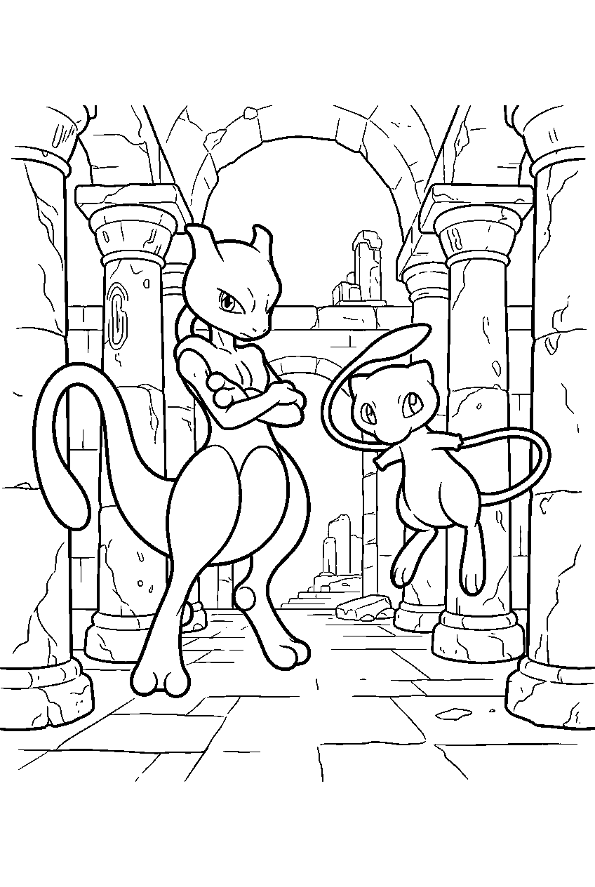 mewtwo inside an ancient temple floating beside mew among stone pillars line art