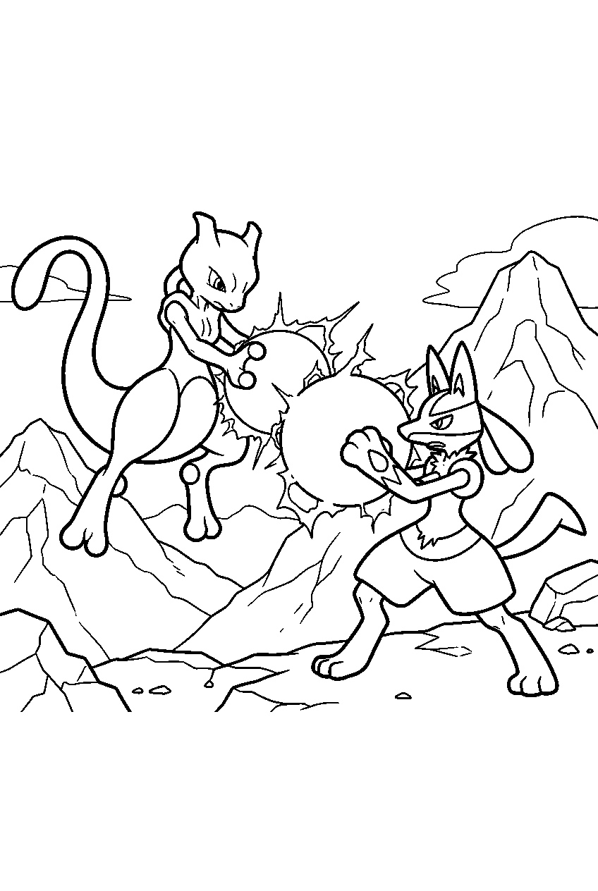 mewtwo on a mountain battlefield clashing aura sphere with lucario line art