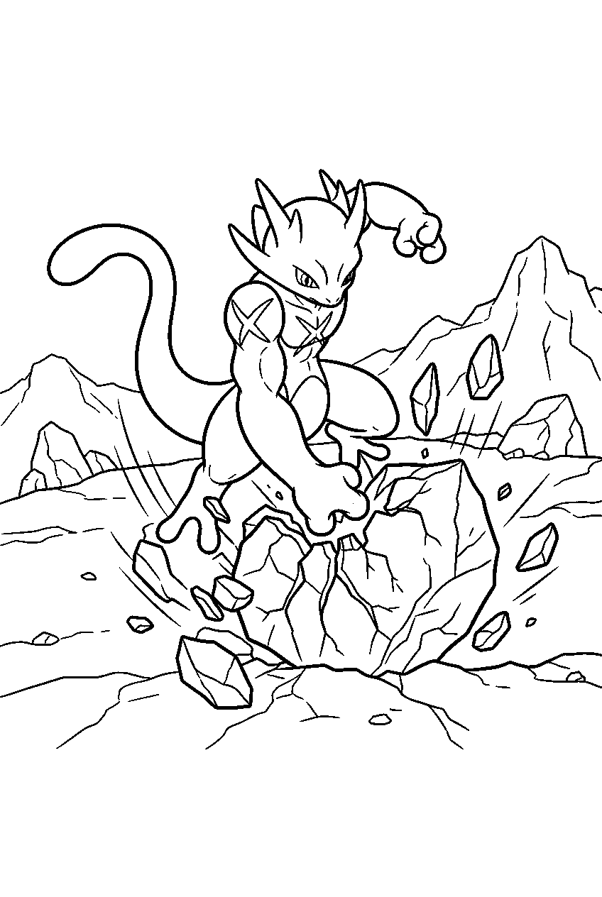 mewtwo on a mountain plateau smashing a boulder as mega mewtwo x line art