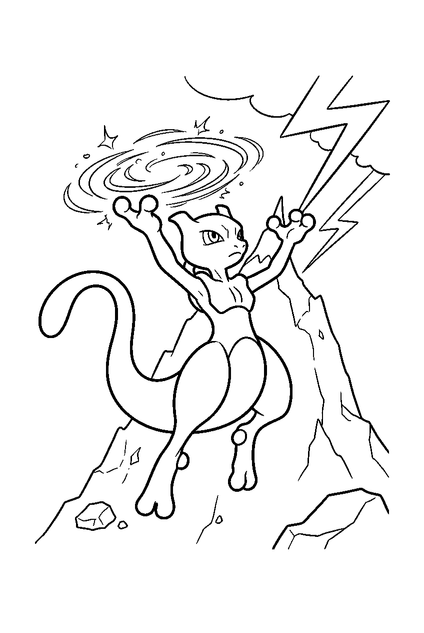 mewtwo on a stormy mountain summit gathering energy beneath lightning line art