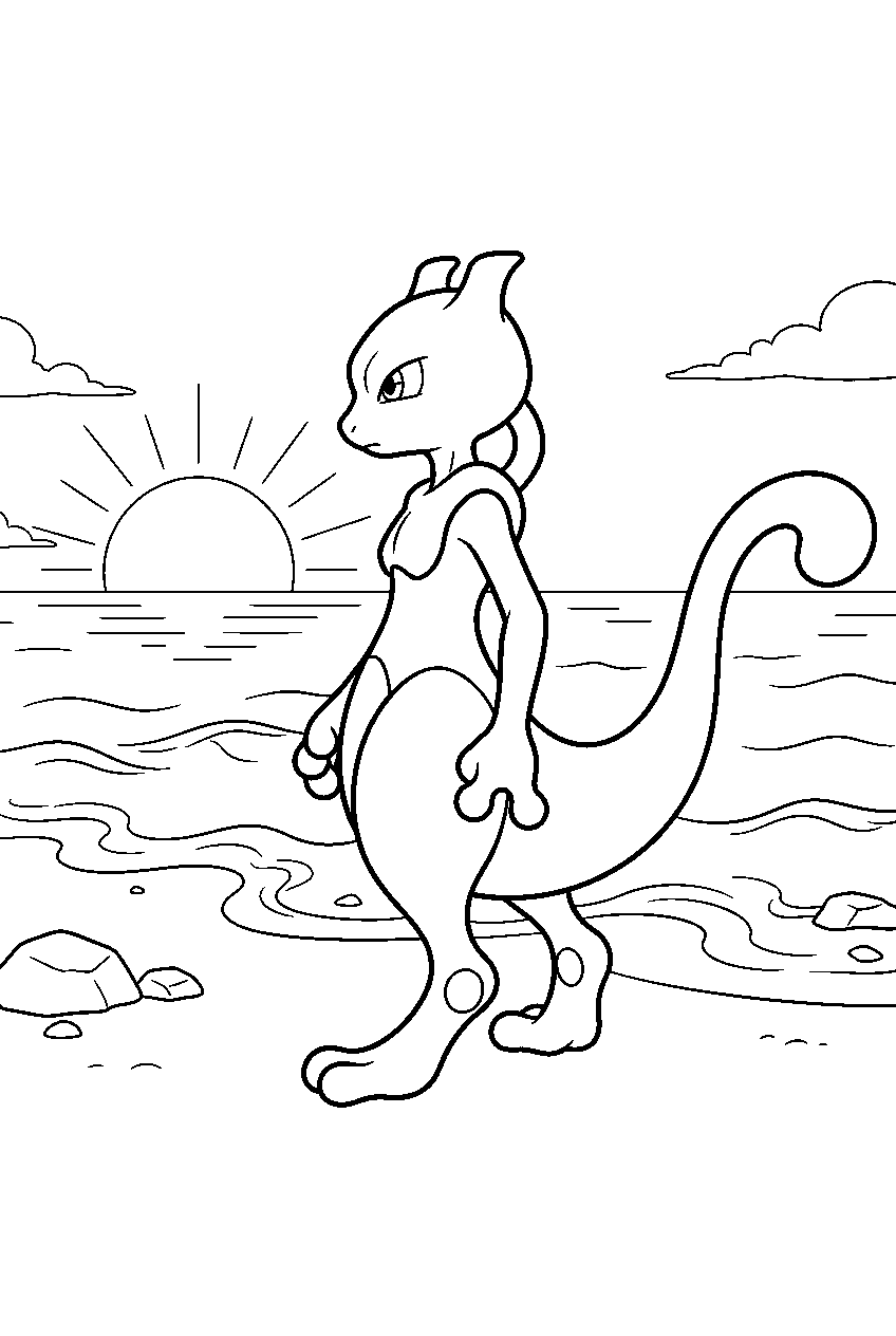 mewtwo on an island shore watching the sunrise beside calm ocean waves line art
