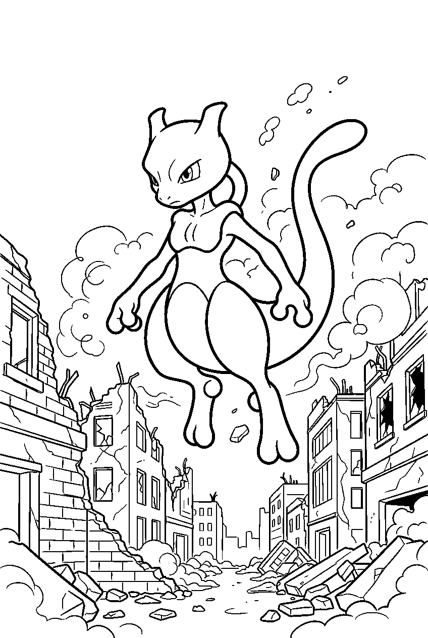mewtwo over a ruined city street descending through smoke and broken walls line art