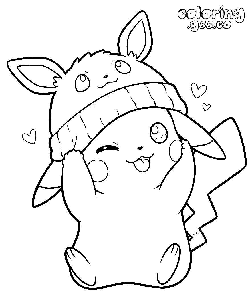 cute pikachu wearing eevee beanie hat line art pokemon sheet