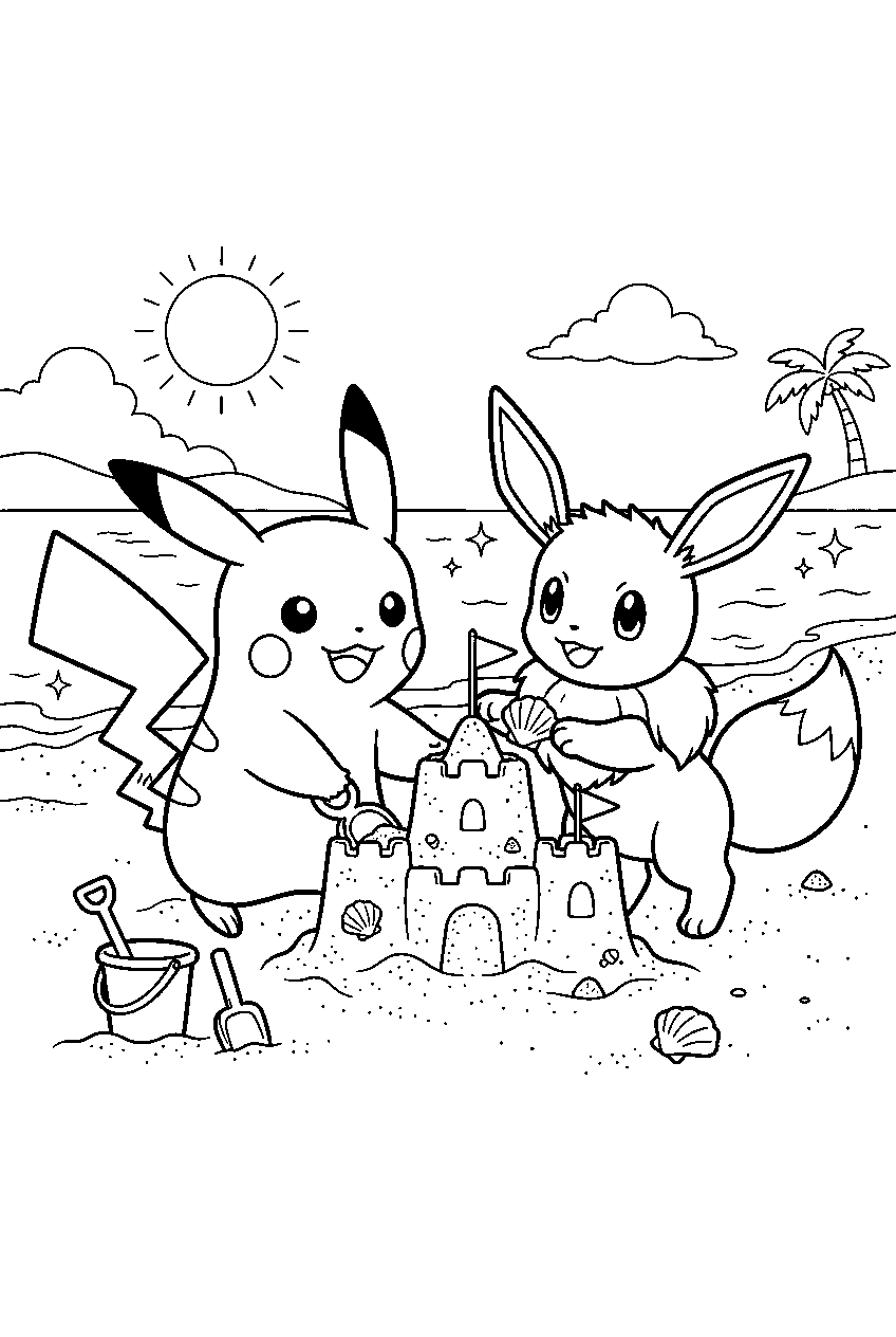 pikachu building a sandcastle with eevee on a sunny beach line art