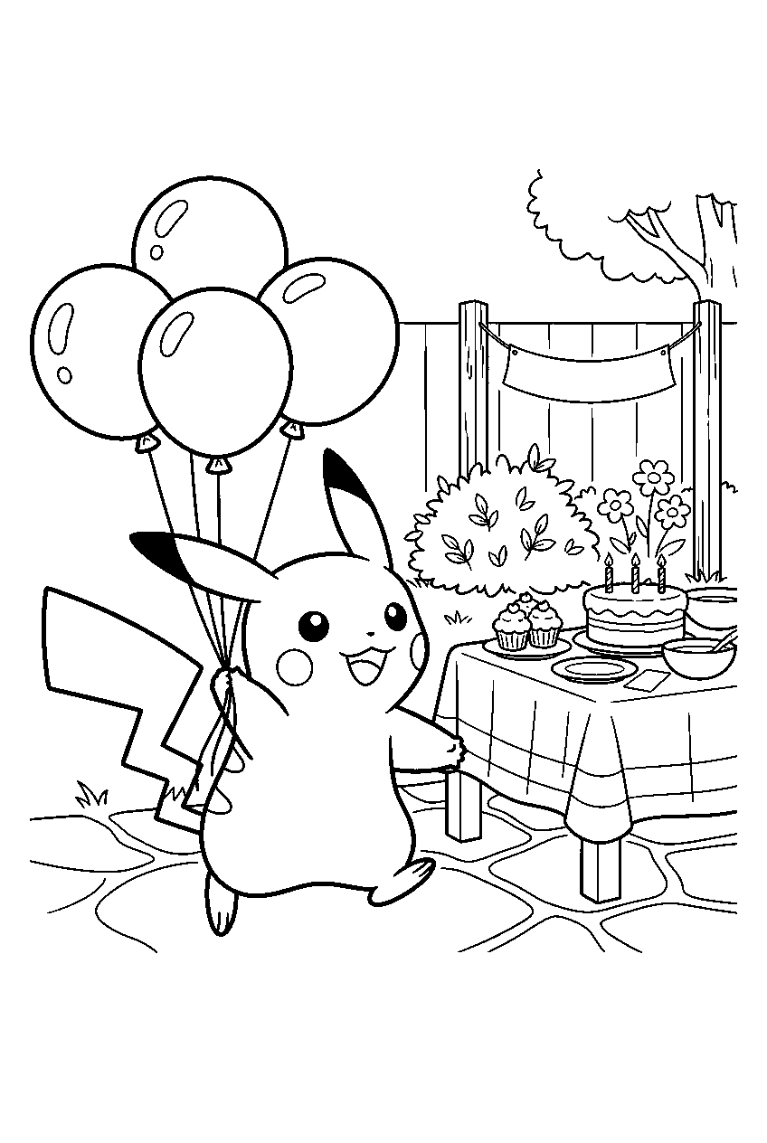 pikachu carrying balloons beside a birthday table in a party garden line art