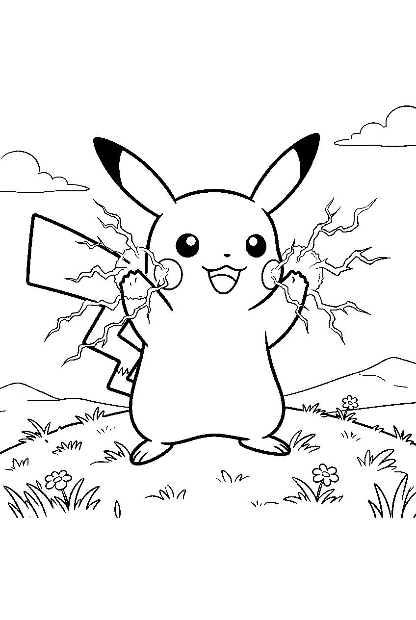 pikachu charging electricity in its cheeks on a grassy hilltop line art
