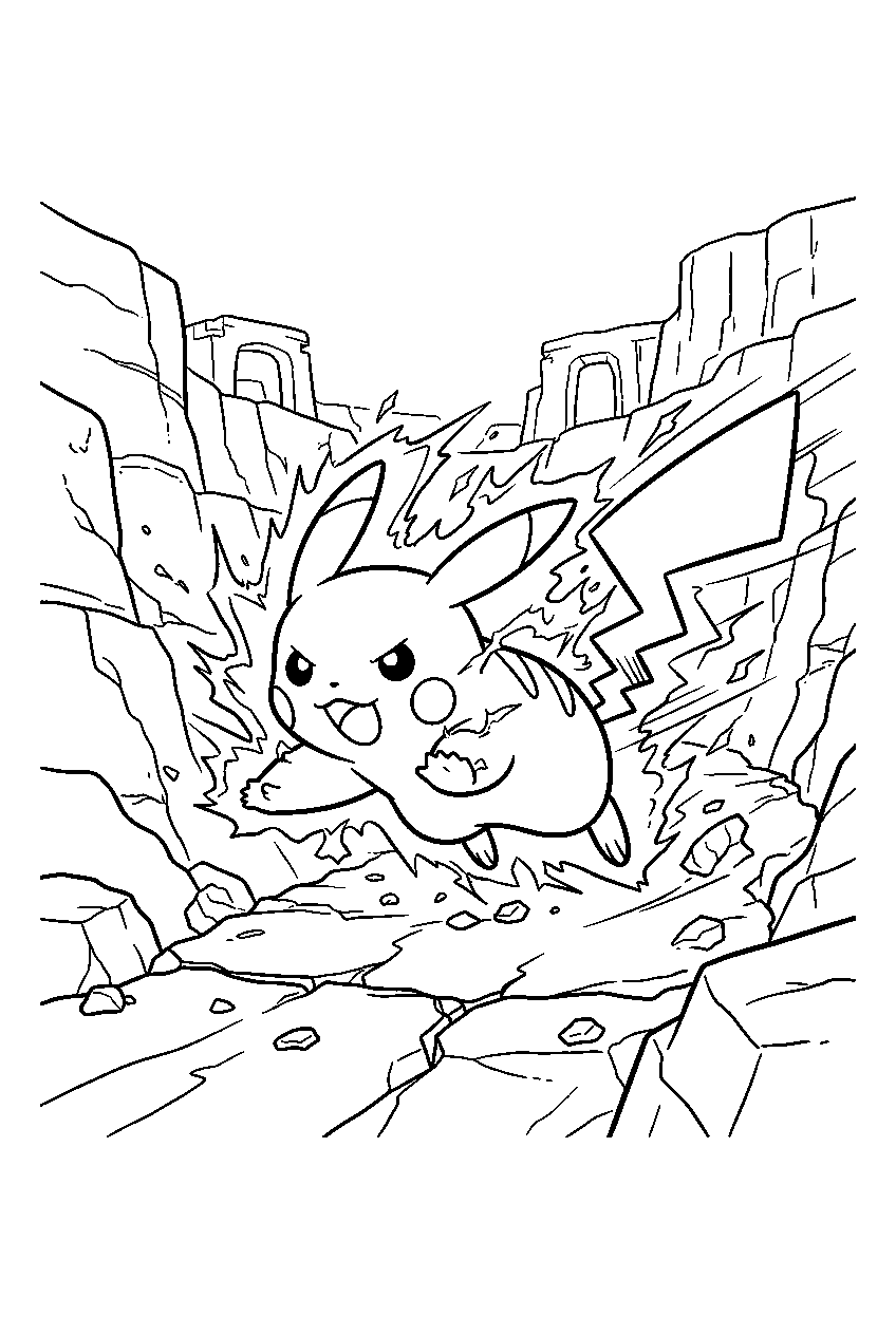 pikachu charging volt tackle across a canyon battlefield line art