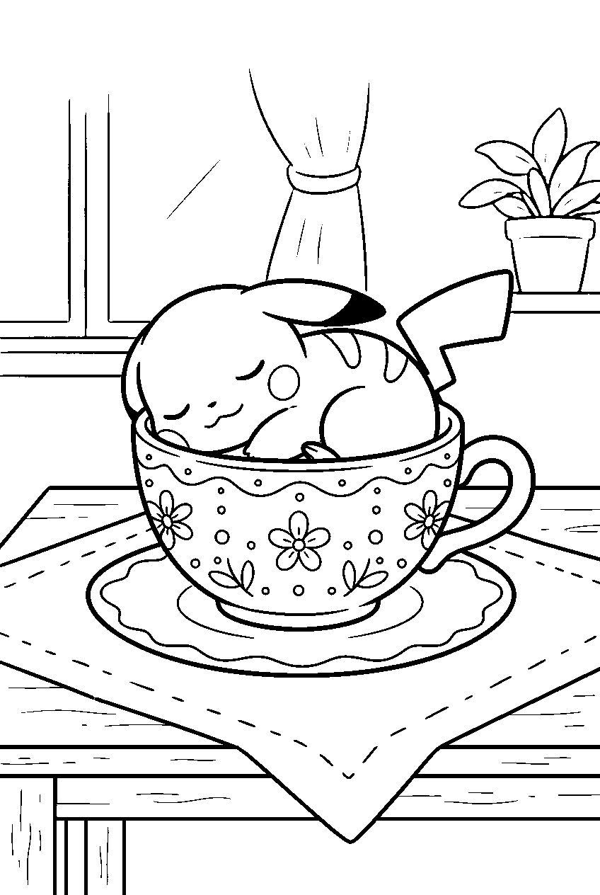 pikachu curling up inside a teacup in a cozy room line art