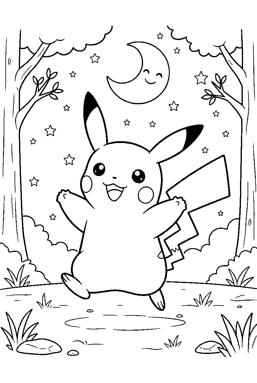 pikachu dancing beneath stars in a moonlit clearing line art