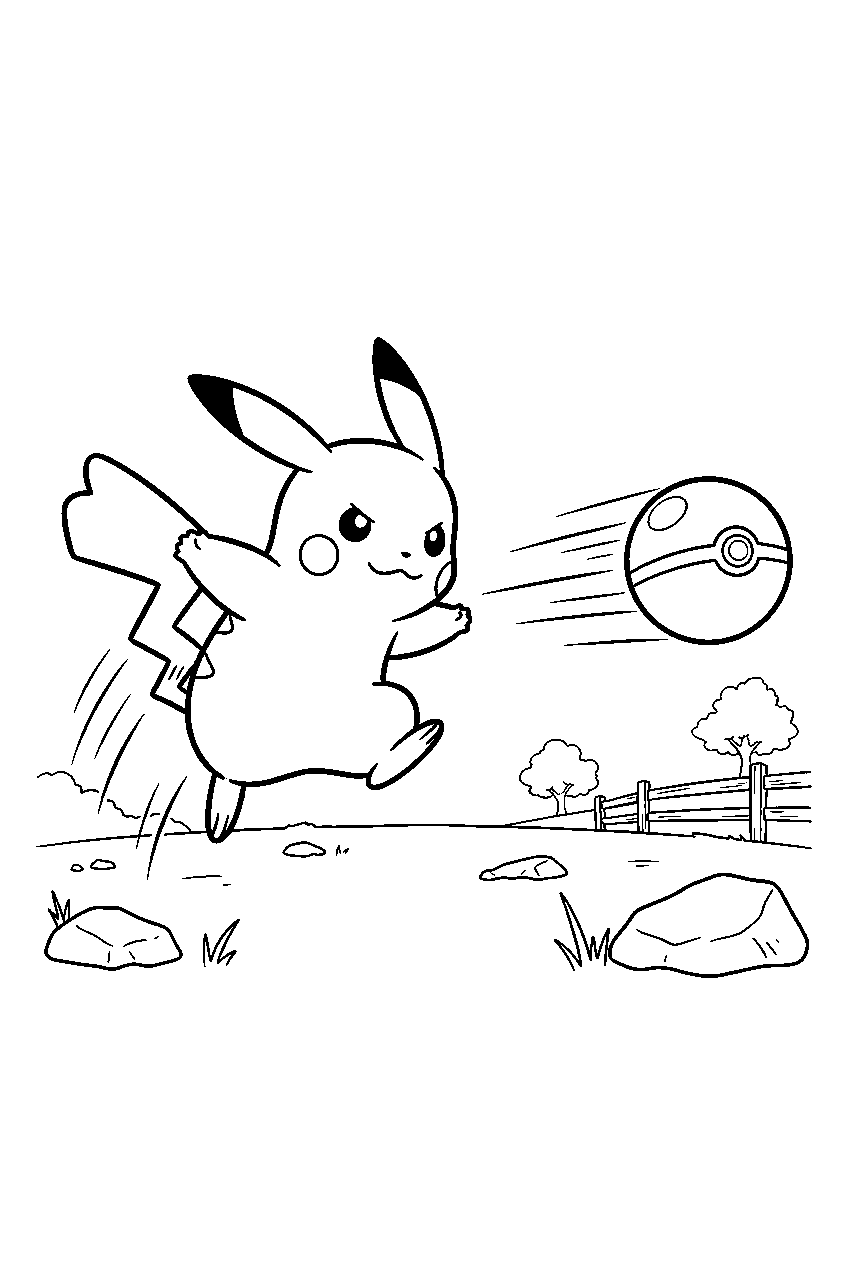 pikachu dodging a pokeball inside a training yard line art