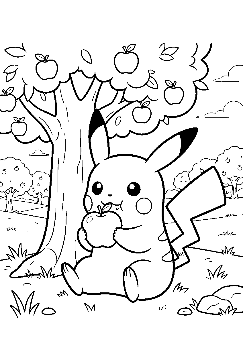 pikachu eating an apple beneath a tree in an orchard line art