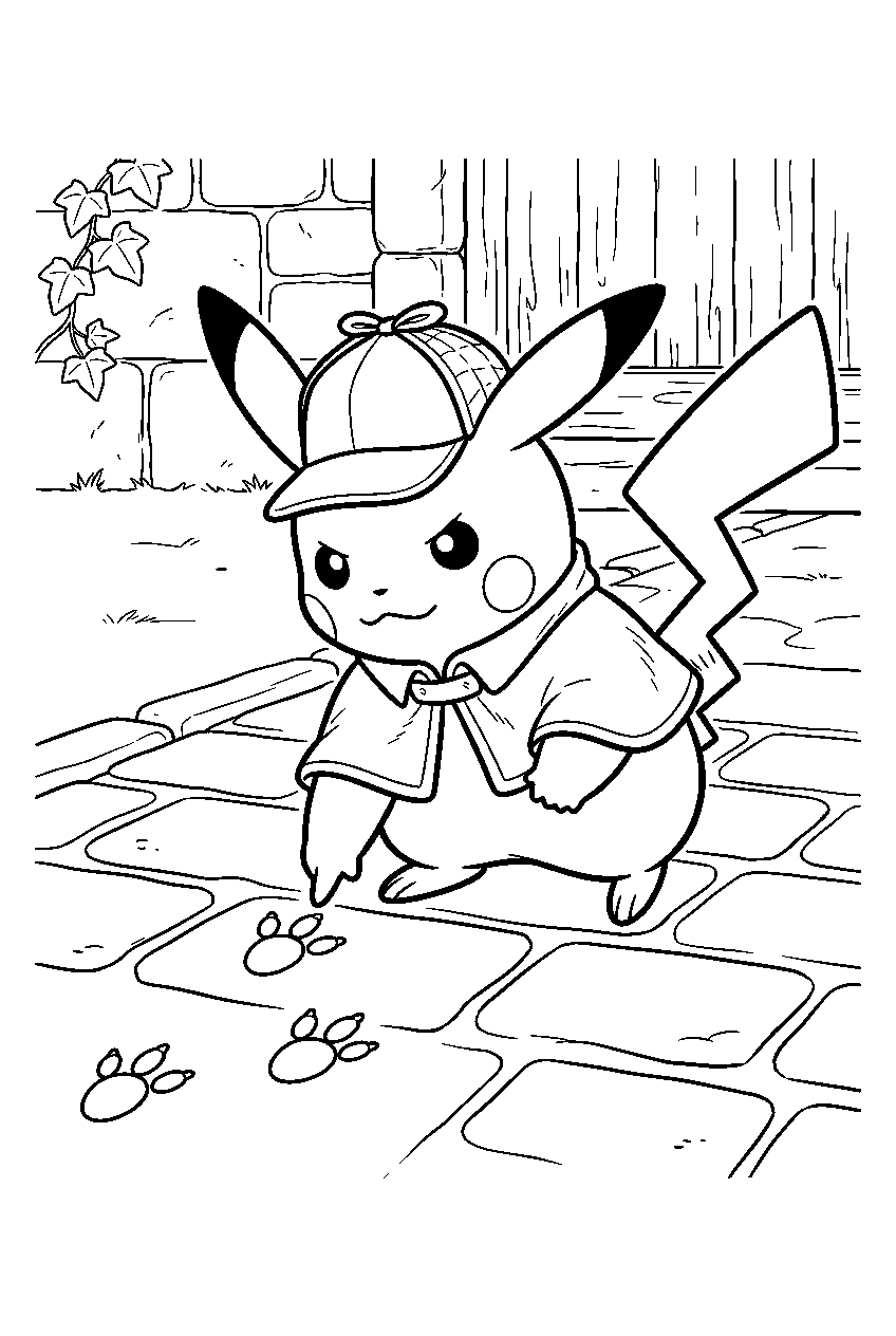 pikachu examining footprints as detective pikachu on a cobblestone path line art