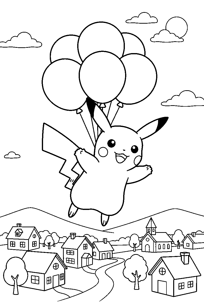 pikachu flying with balloons above a small town line art
