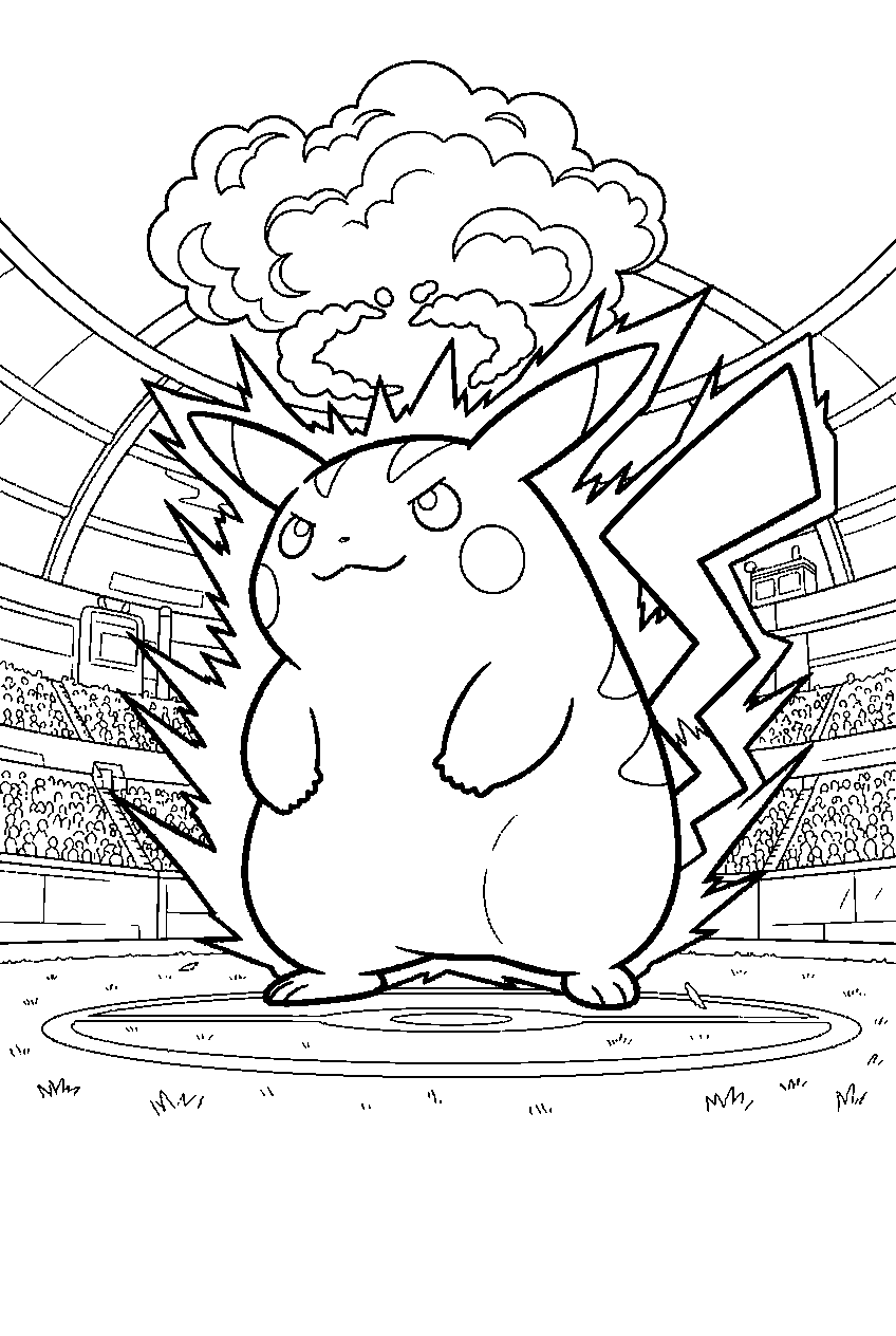 pikachu growing into gigantamax form inside a stadium arena line art