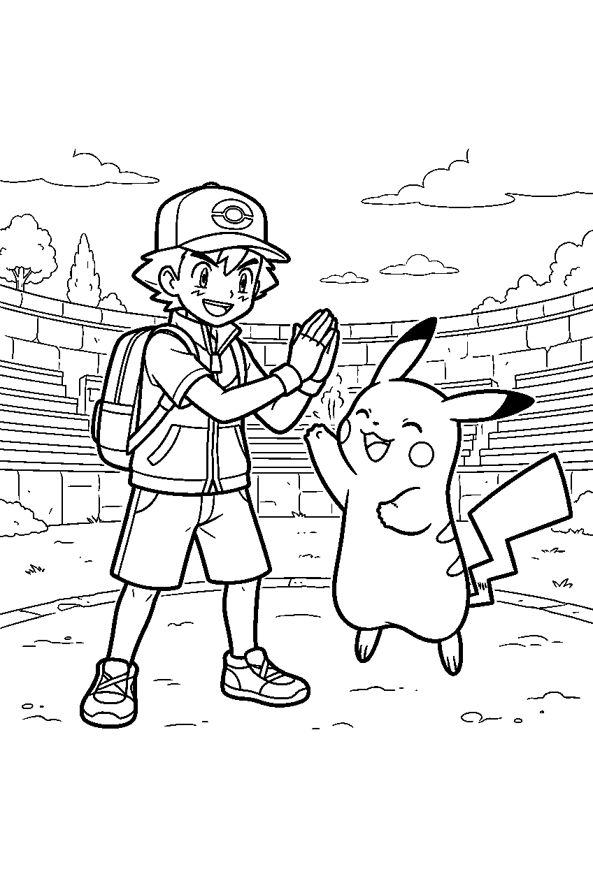 pikachu high fiving ash inside an outdoor battle arena line art